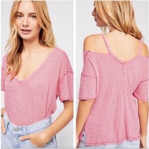 We the Free Sun Kissed tee red white striped cold shoulder v neck lightweight